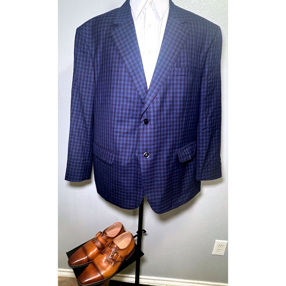 Oak Hill Gingham Check Sport Coat Mens 2XL 50R 52R Blue Black Blazer Business